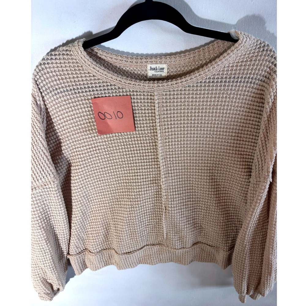 Peach Love California Waffle Knit Sweater Beige Tan Balloon Sleeve Cropped L